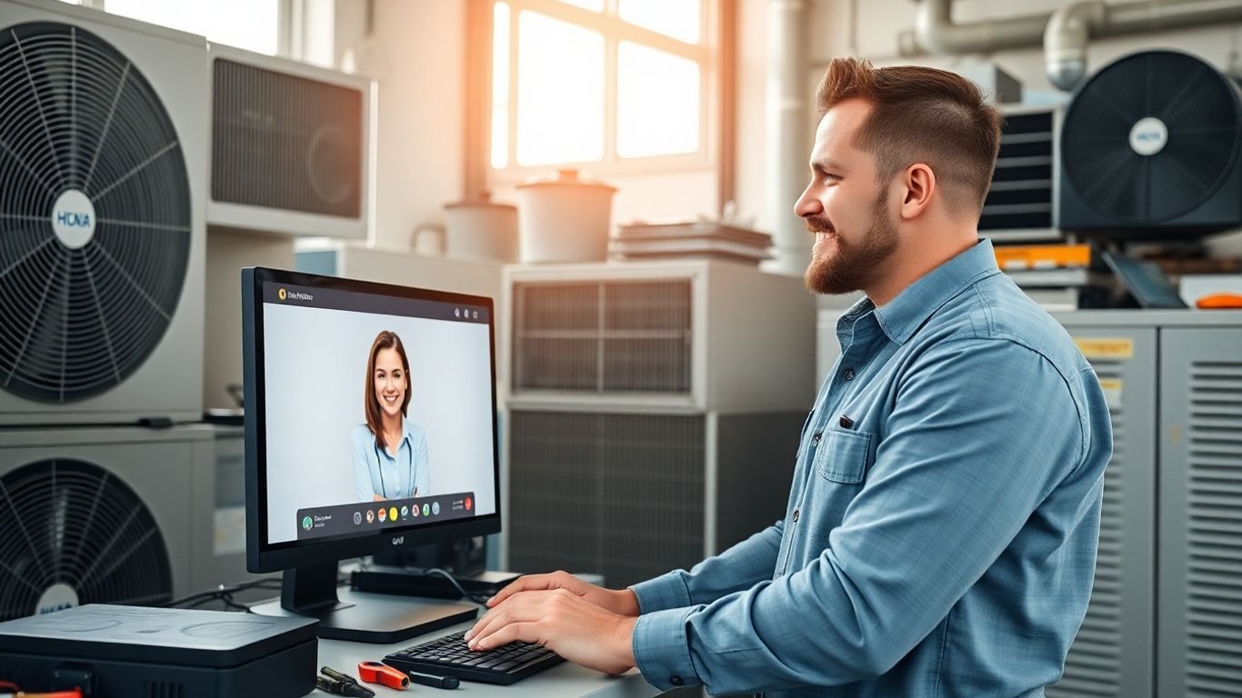 HVAC technician working with virtual receptionist in office
