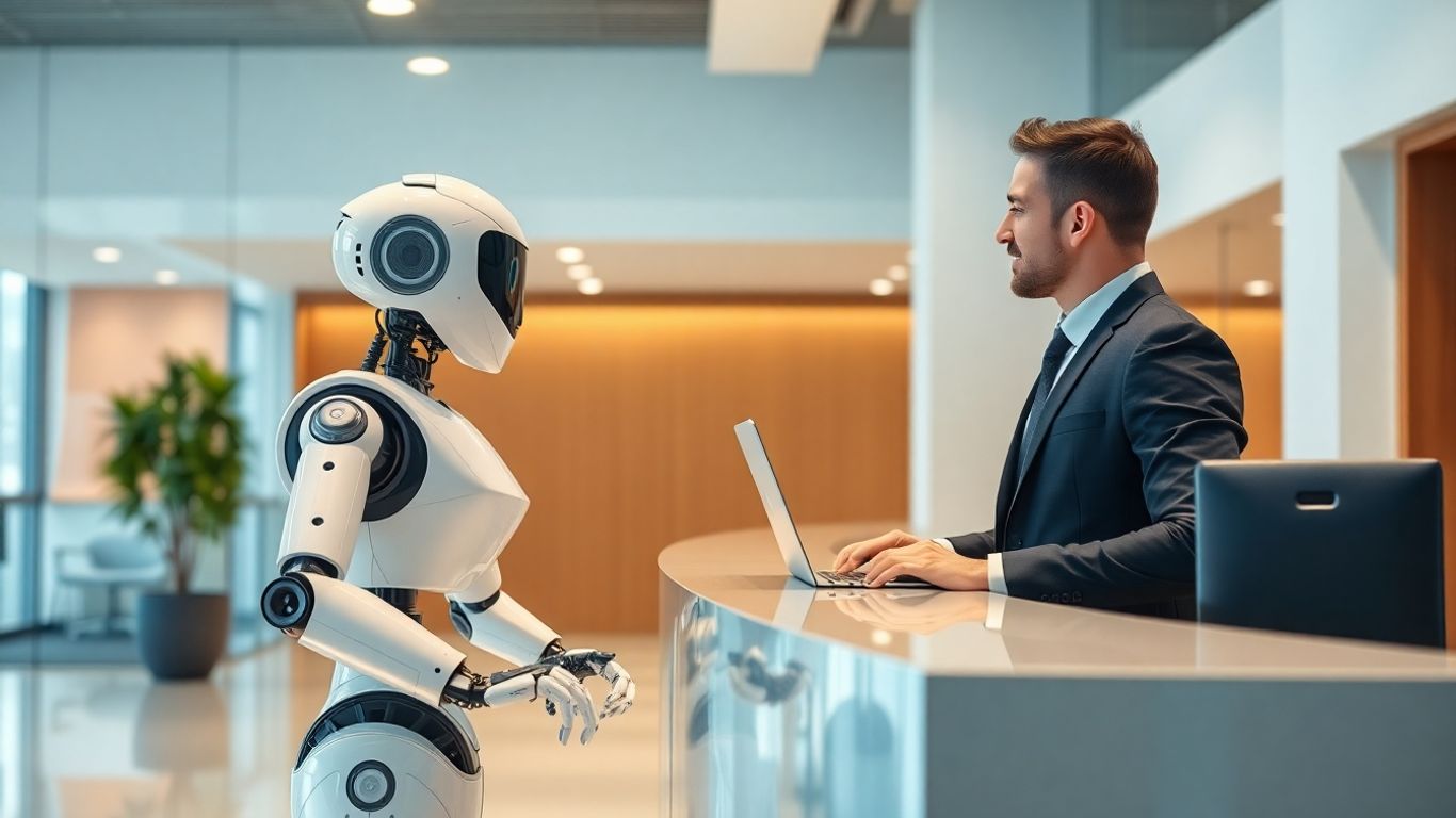 AI robot receptionist greeting businessperson in office lobby