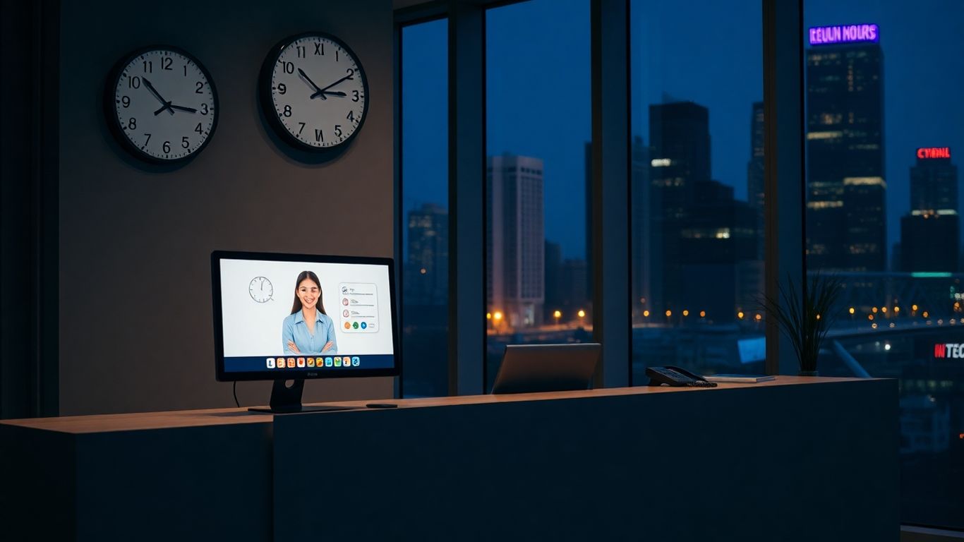 AI-powered reception at office desk late at night