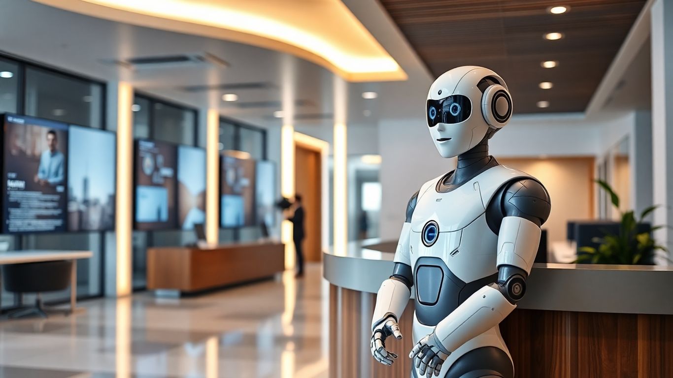 Humanoid robot receptionist greeting visitors in modern office lobby.