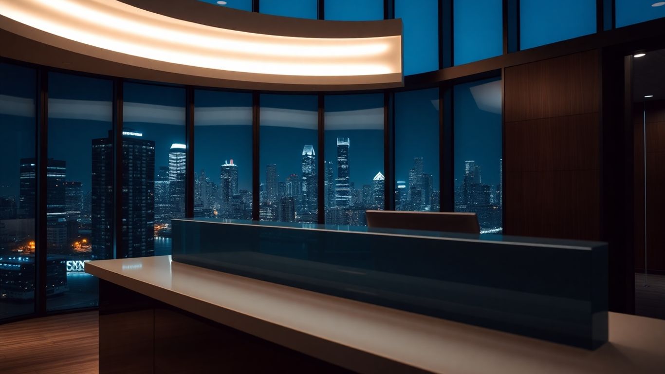 Nighttime office reception with AI assistant and city skyline