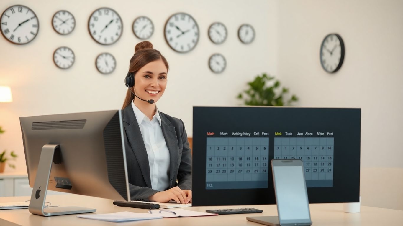Virtual receptionist managing business schedule at modern office computer