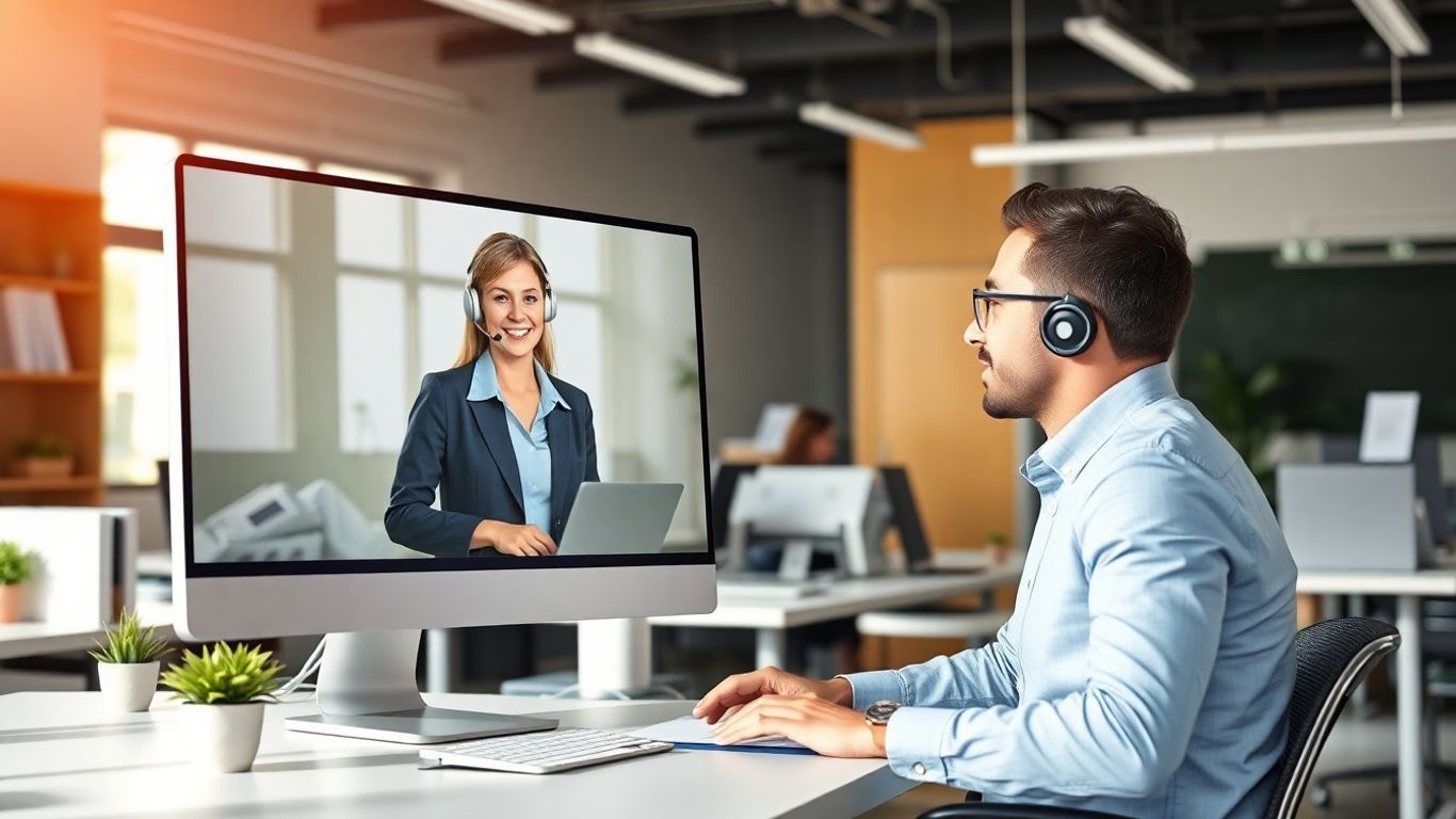 Small business owner interacting with virtual receptionist on computer.