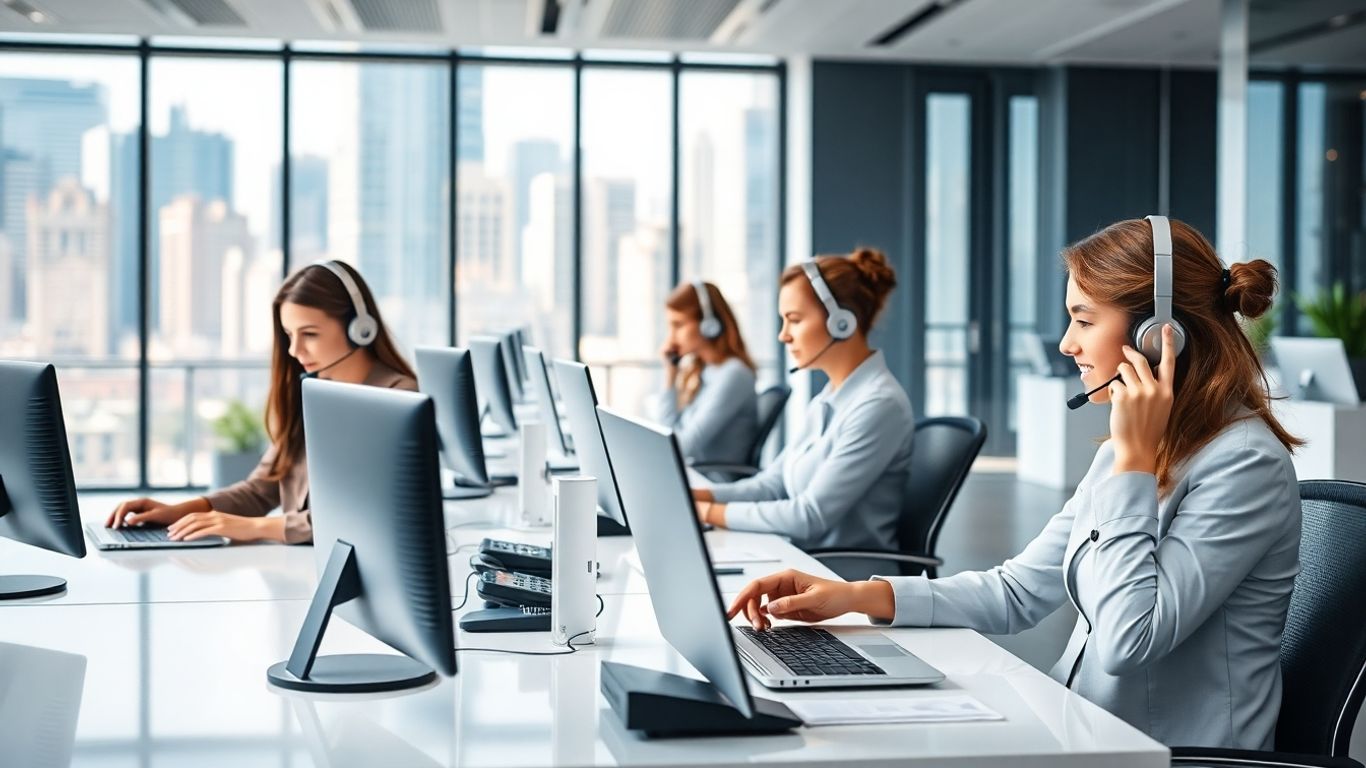 Receptionists with headsets handling calls in modern office