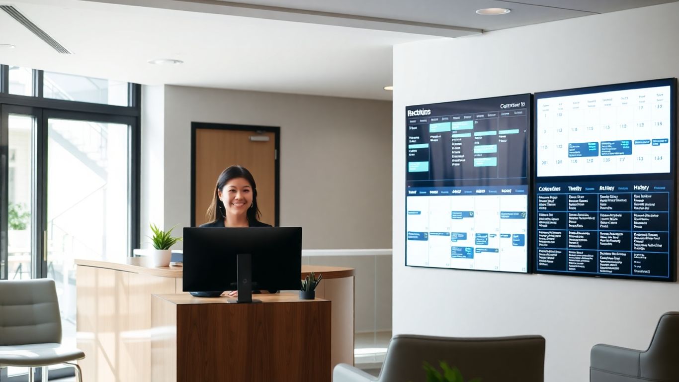 Receptionist at computer with digital wall calendar