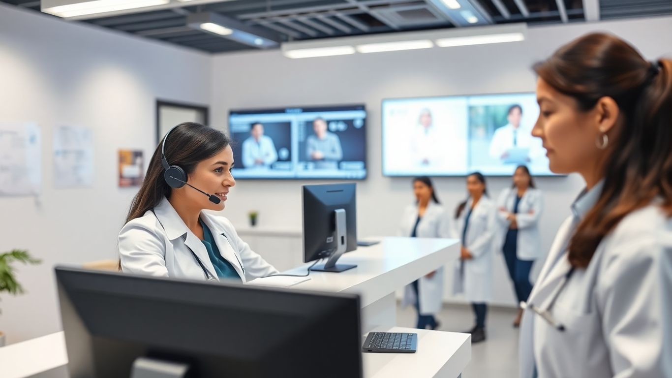 Medical receptionist using headset in modern healthcare office