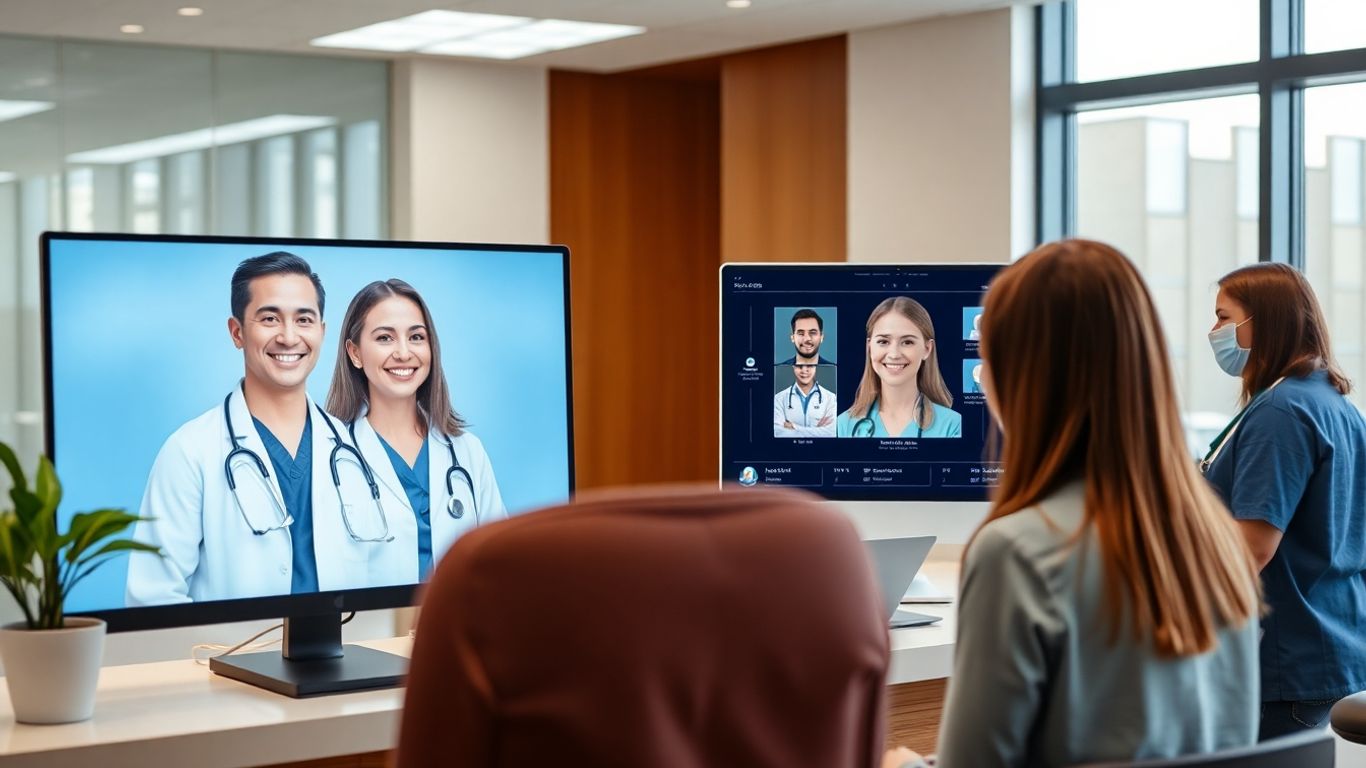 Virtual receptionist assists patient in a modern medical office.