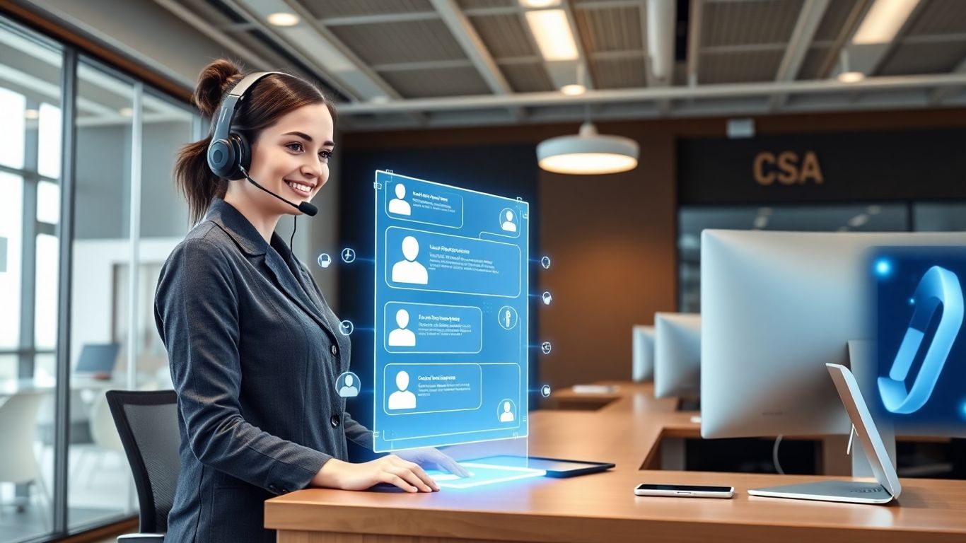 Receptionist uses holographic interface in high-tech office scene.