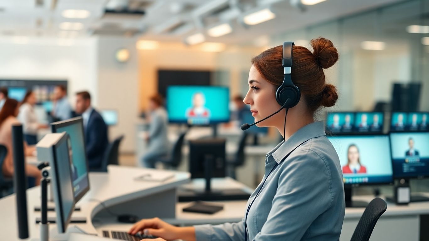 Receptionist with headset managing calls on multiple screens