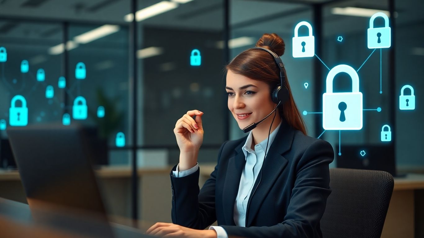 Receptionist with headset surrounded by digital security lock icons.