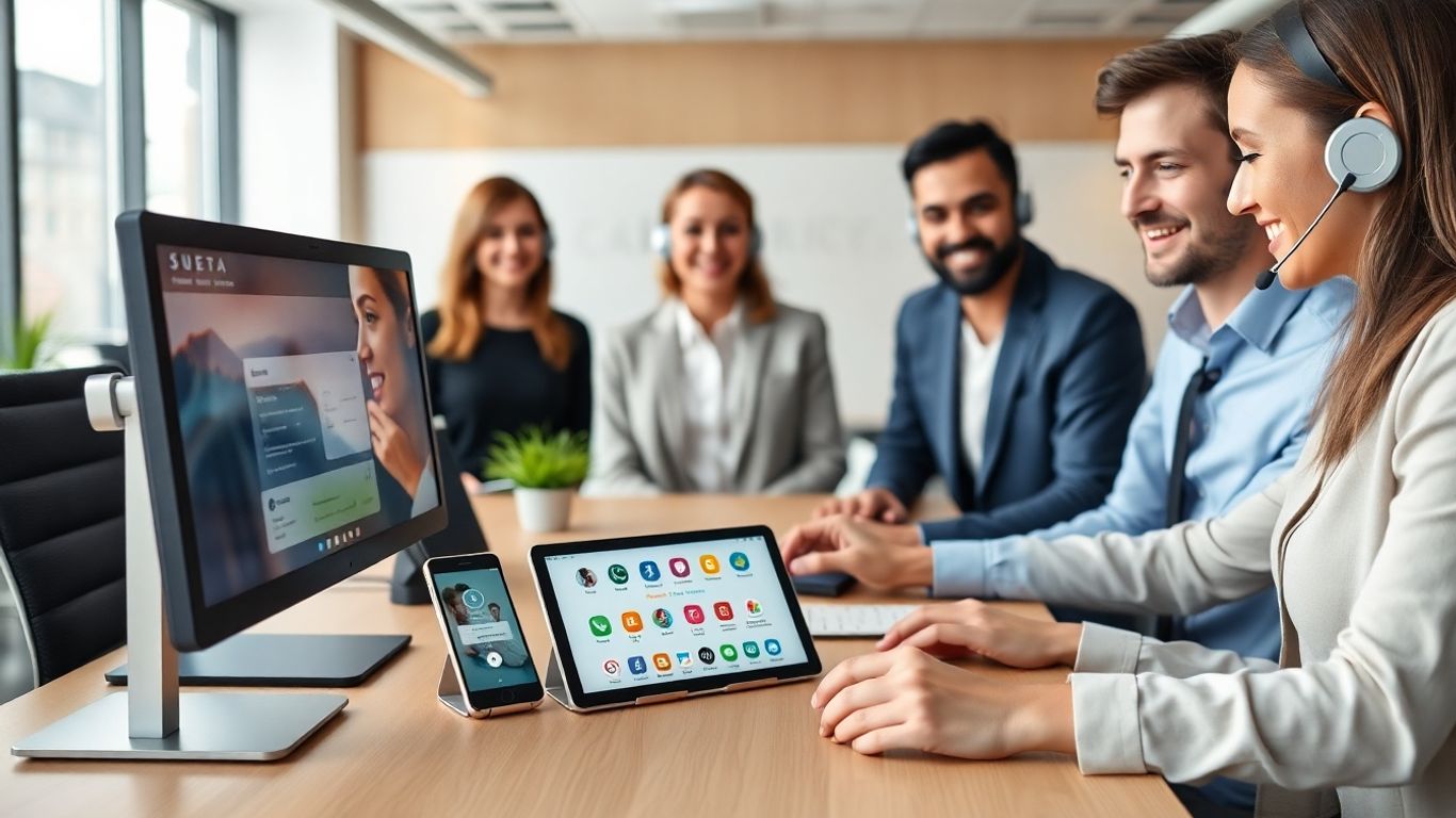 Professionals with headsets at desks using digital business tools