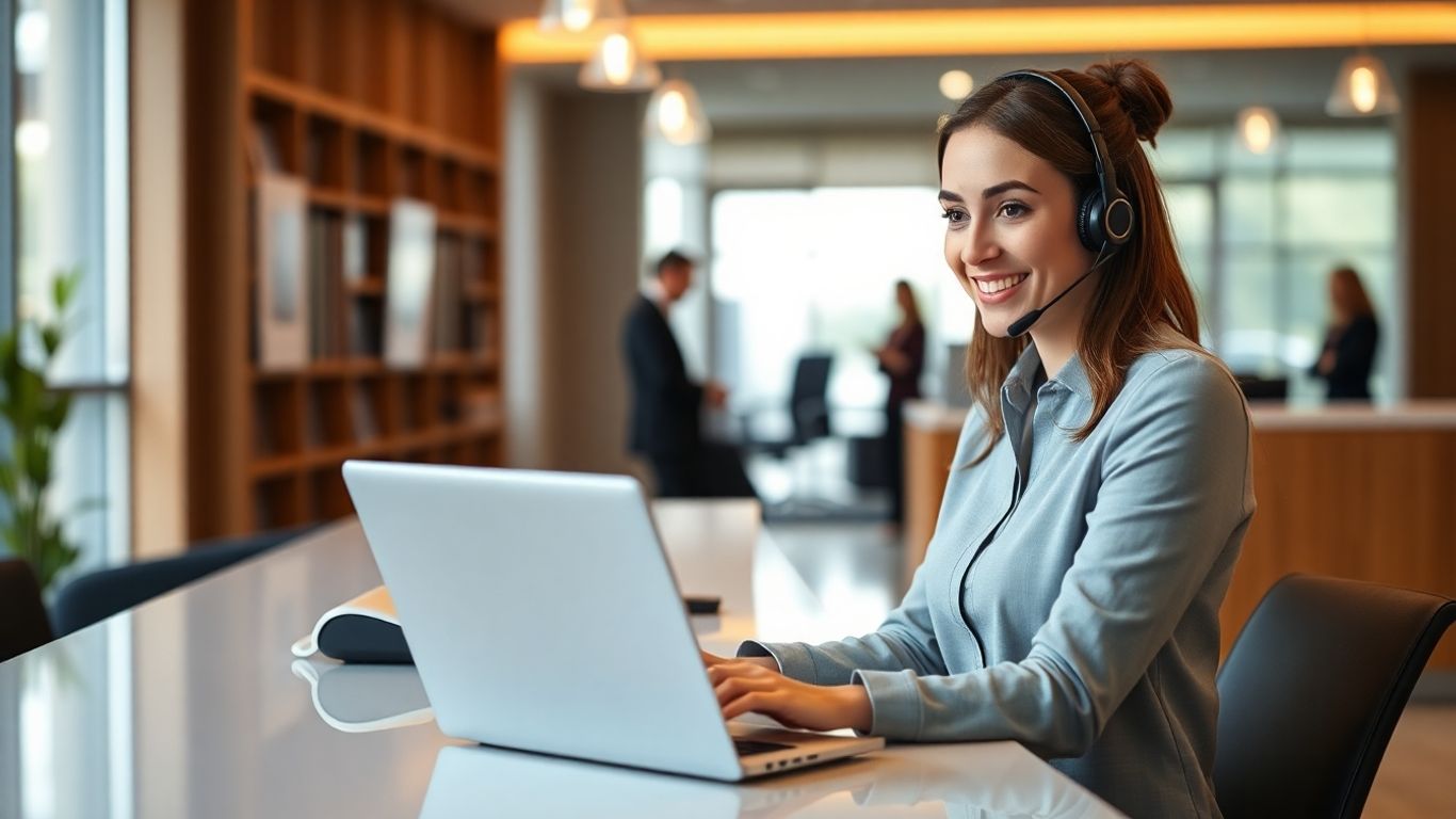 Smiling receptionist with headset greets clients in law office.