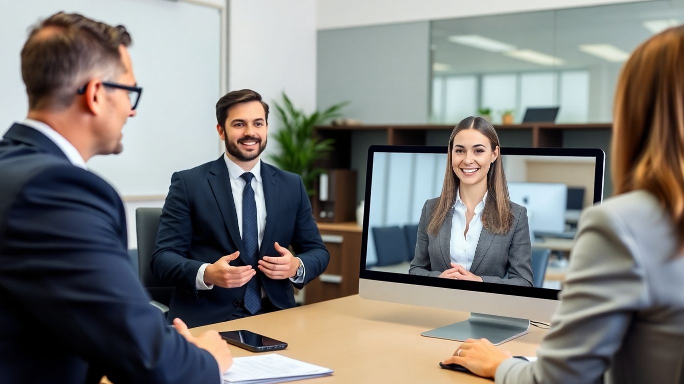 Lawyer and client with virtual receptionist on computer screen