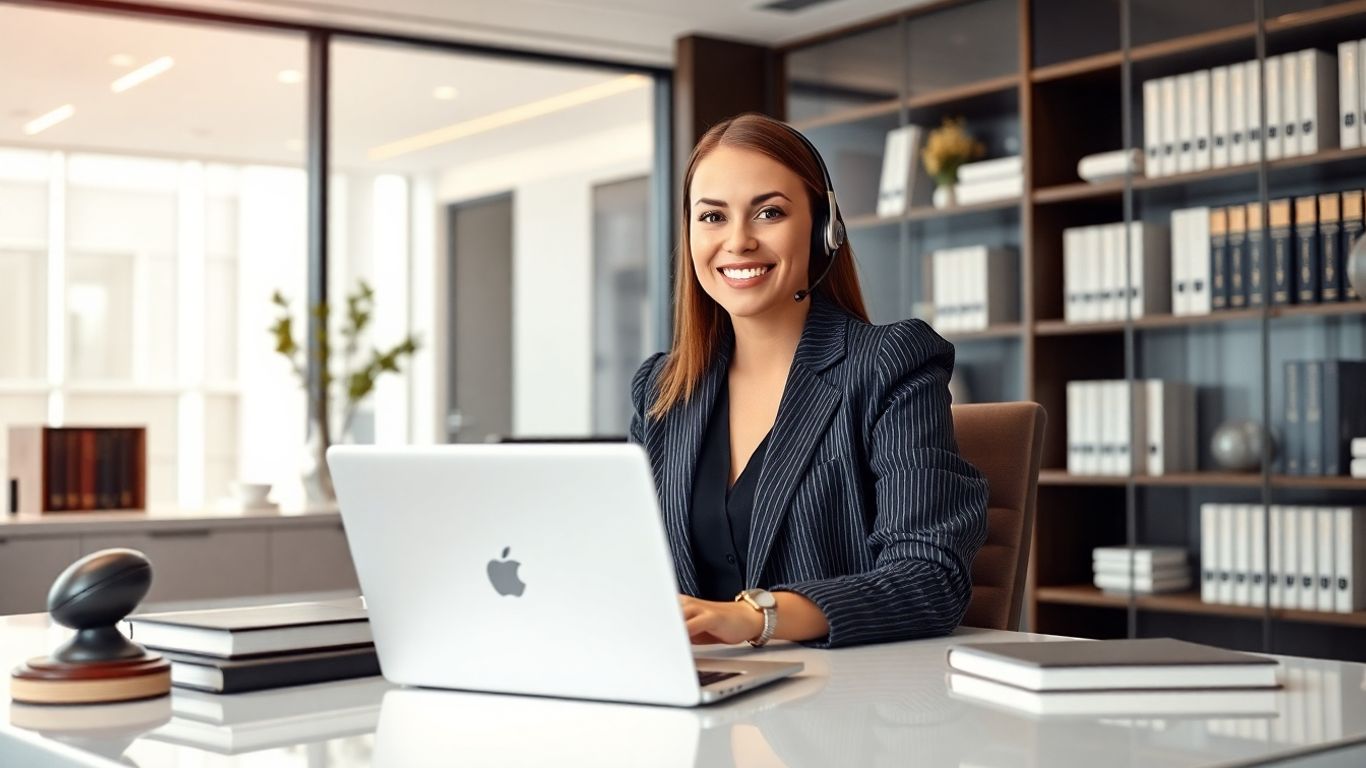 Smiling receptionist with headset in modern law office