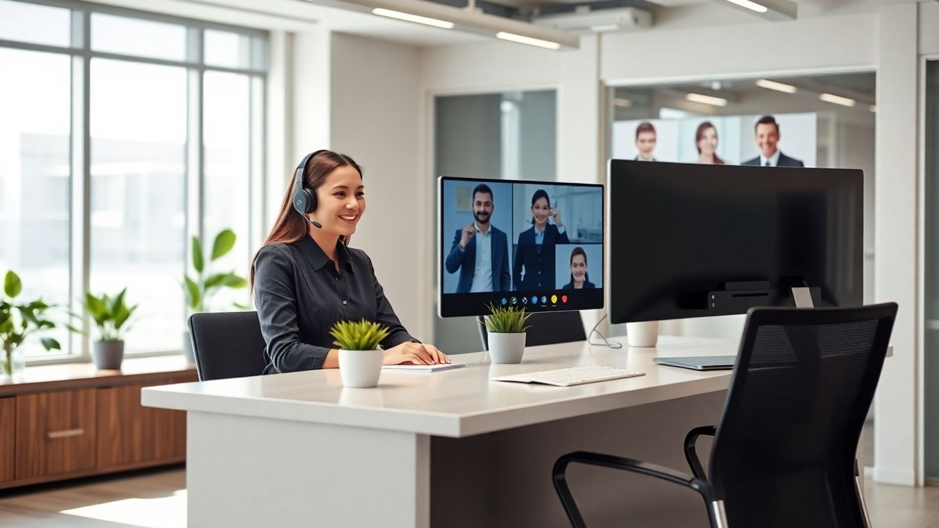 Receptionist with headset engaging in a video call