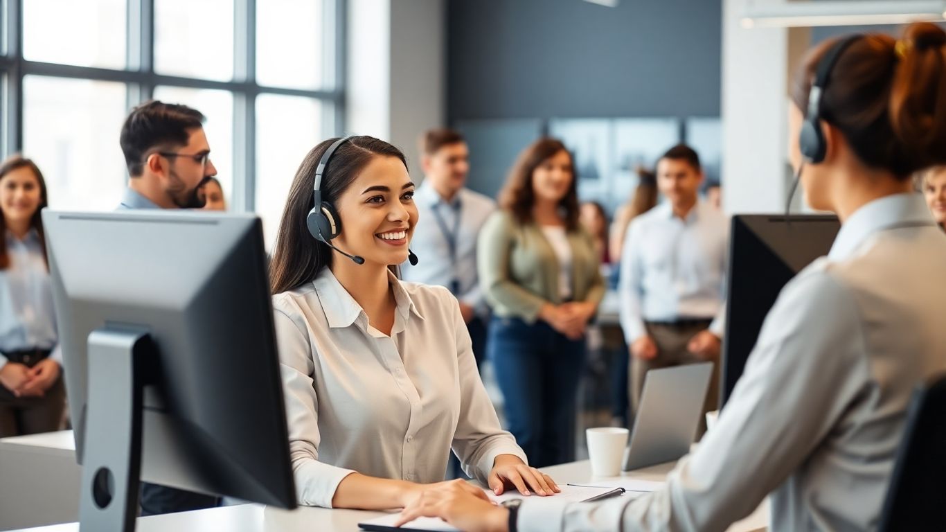 Receptionist using headset in a modern collaborative office