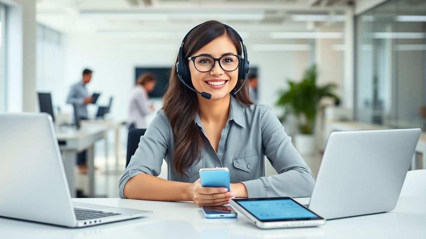 Virtual receptionist using devices in modern office workspace.