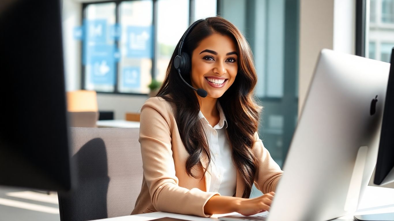 Businesswoman at desk wearing headset in modern office