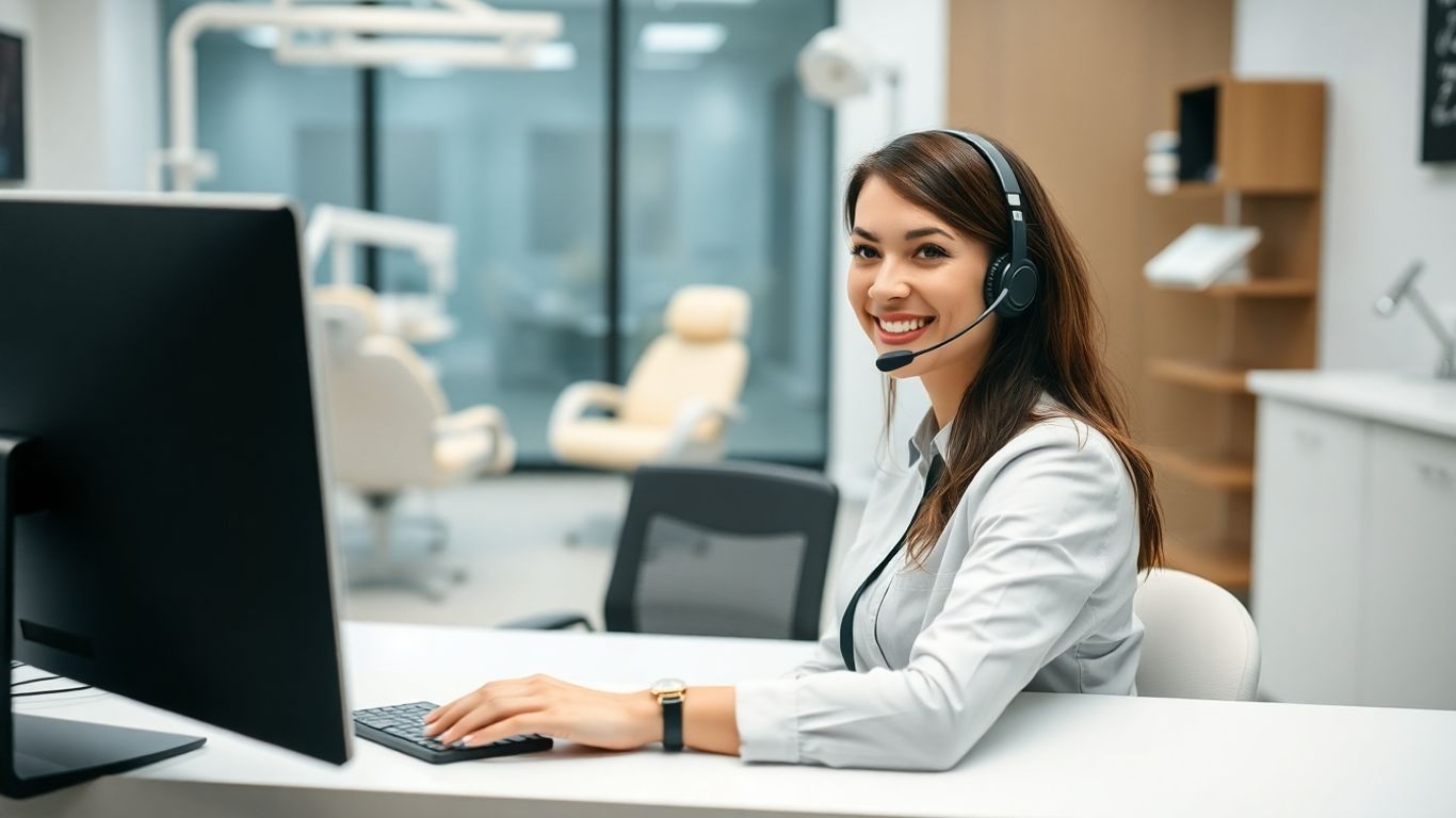 Receptionist with headset at dental office reception desk