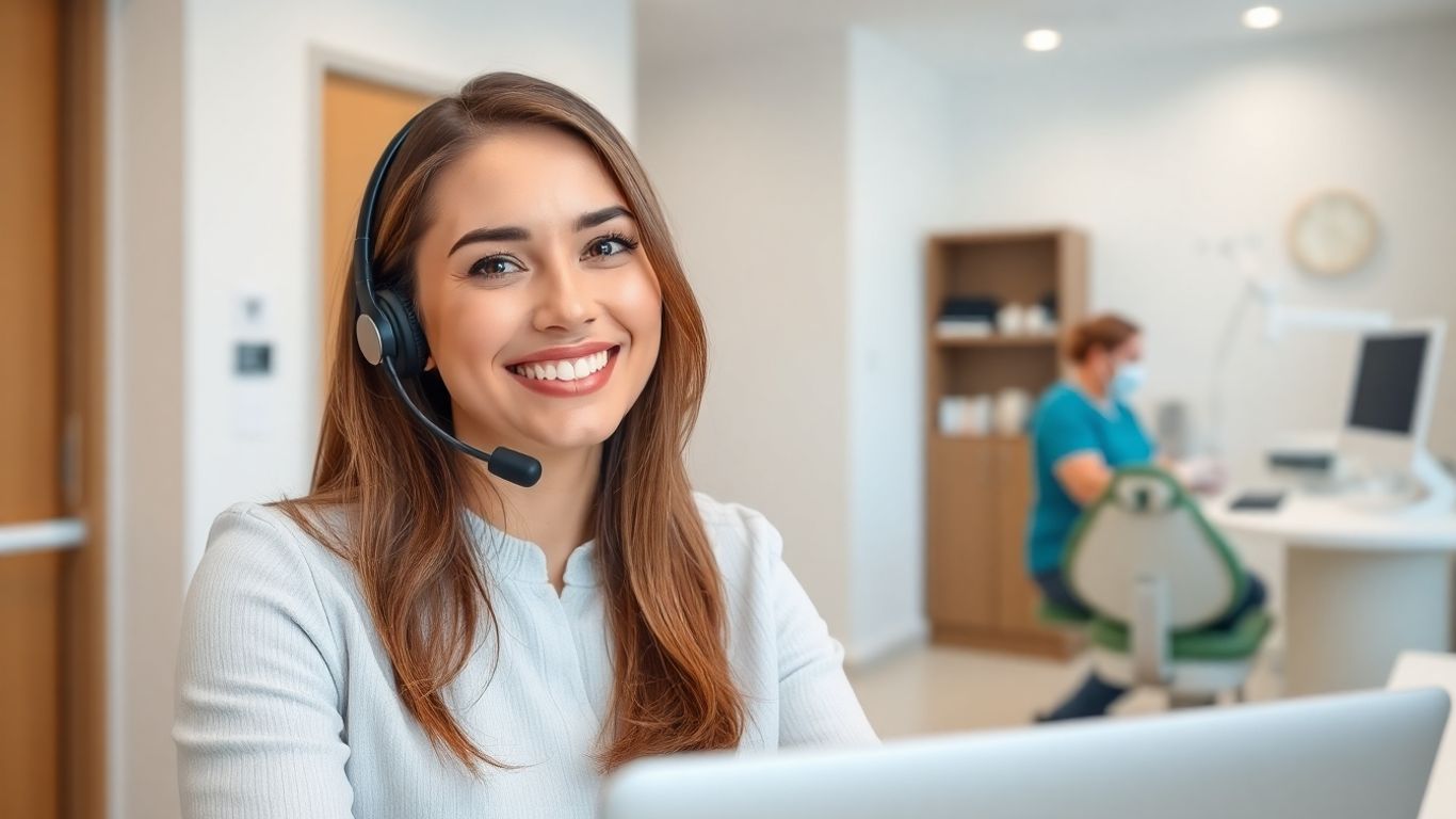 Receptionist with headset assisting dental office patient