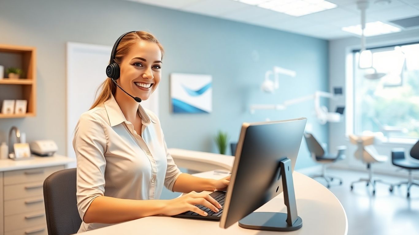 Dental receptionist at computer with modern clinic background.