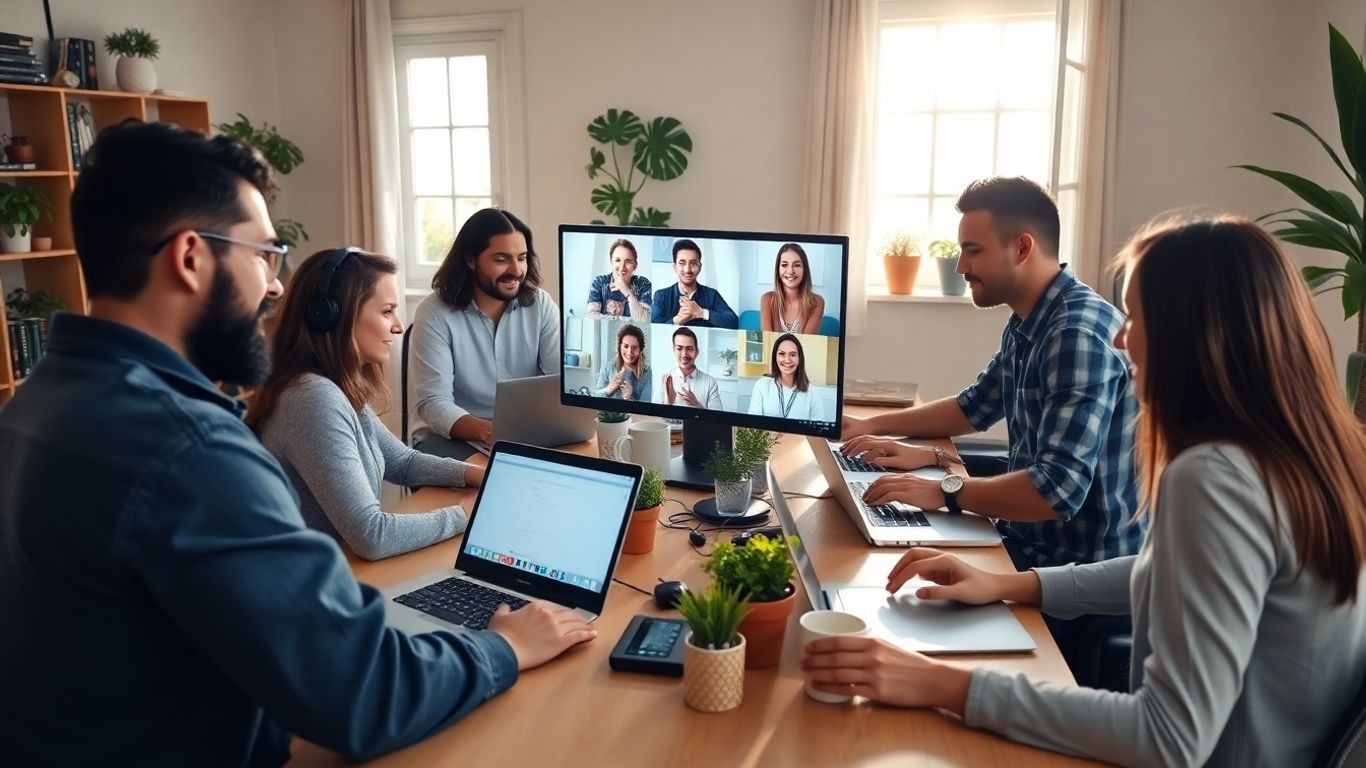Remote workers at home desks on virtual meeting together