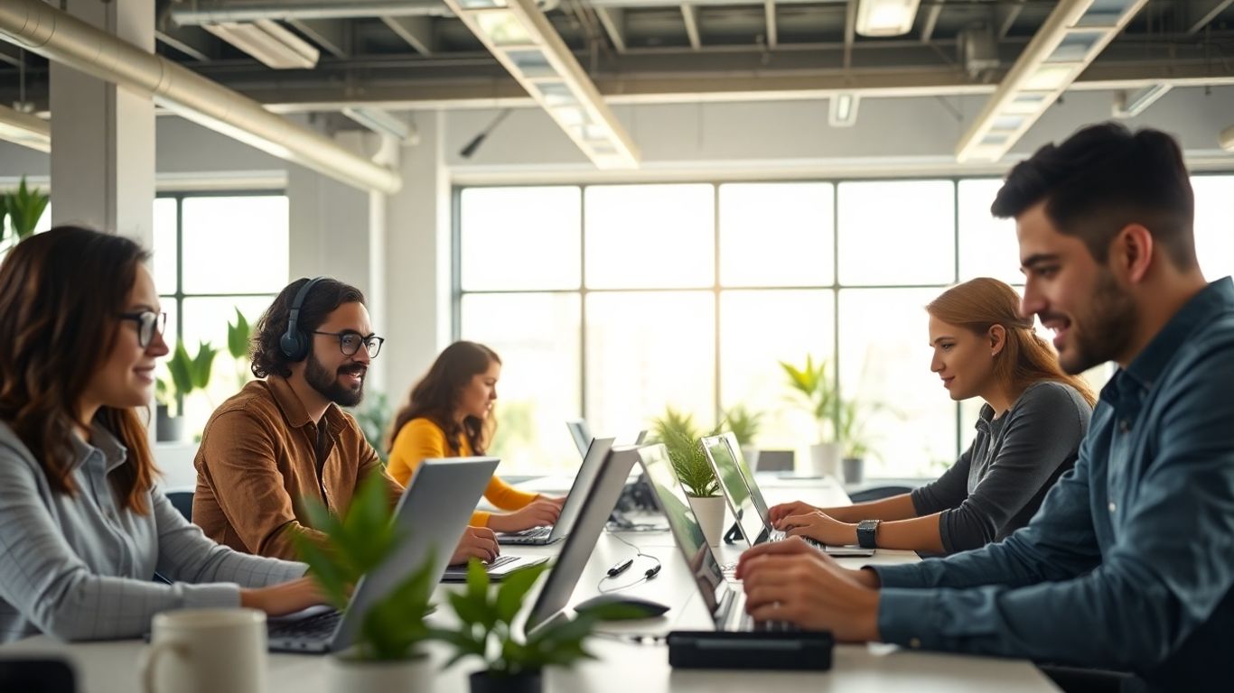 Diverse professionals working together in a modern bright office.