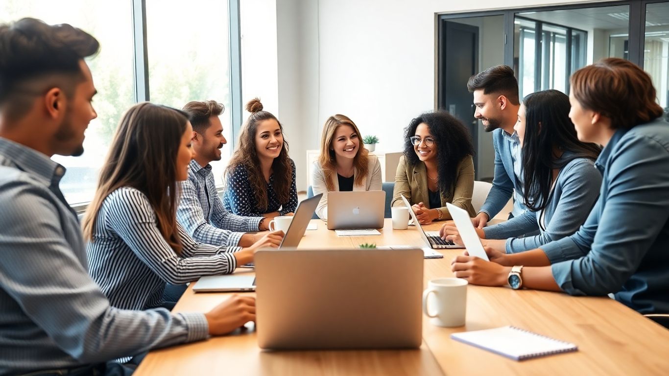 Professionals collaborating in a modern office training session