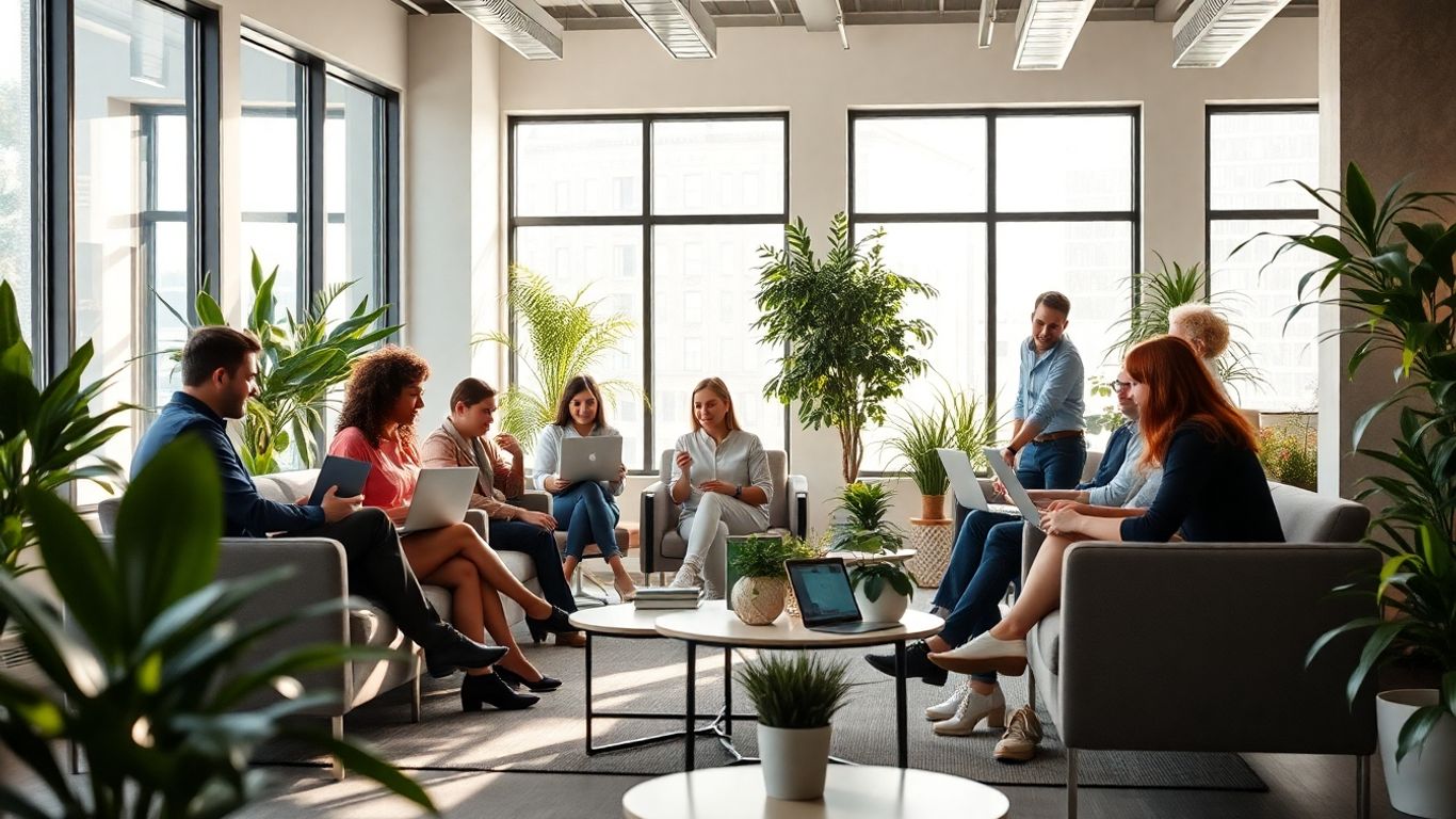 Diverse team working together in a bright modern office.