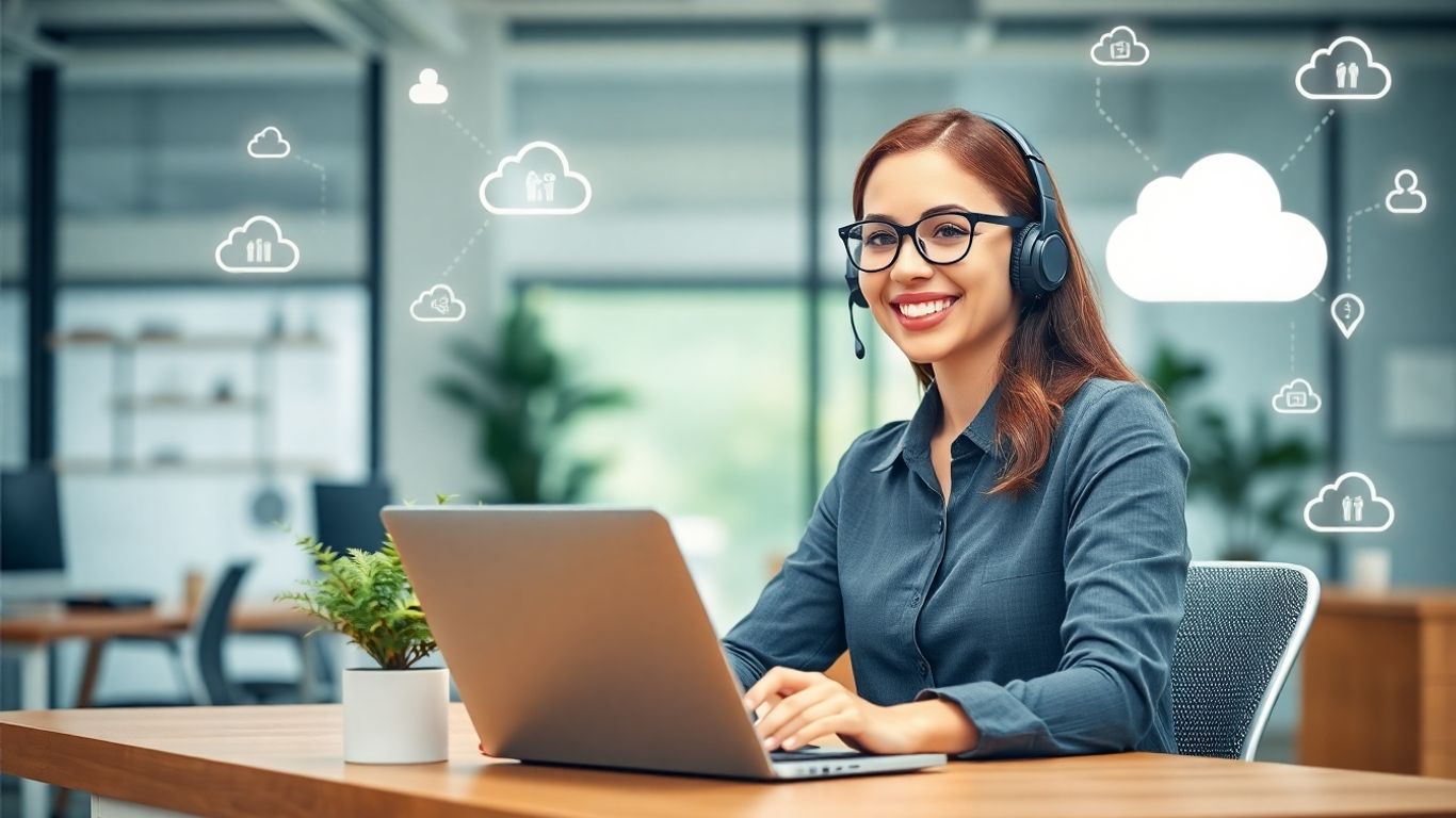 Virtual receptionist at desk taking a customer call.