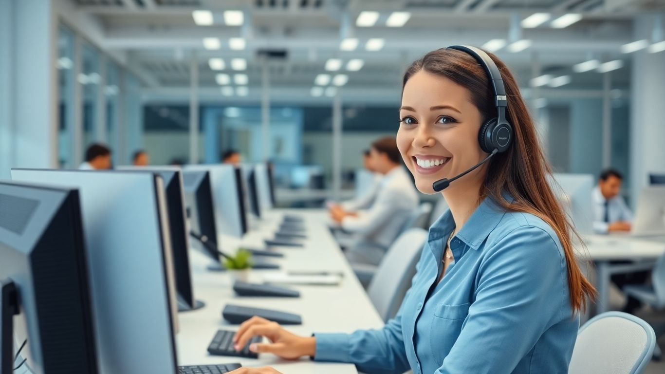 Virtual receptionist at desk using headset in office.