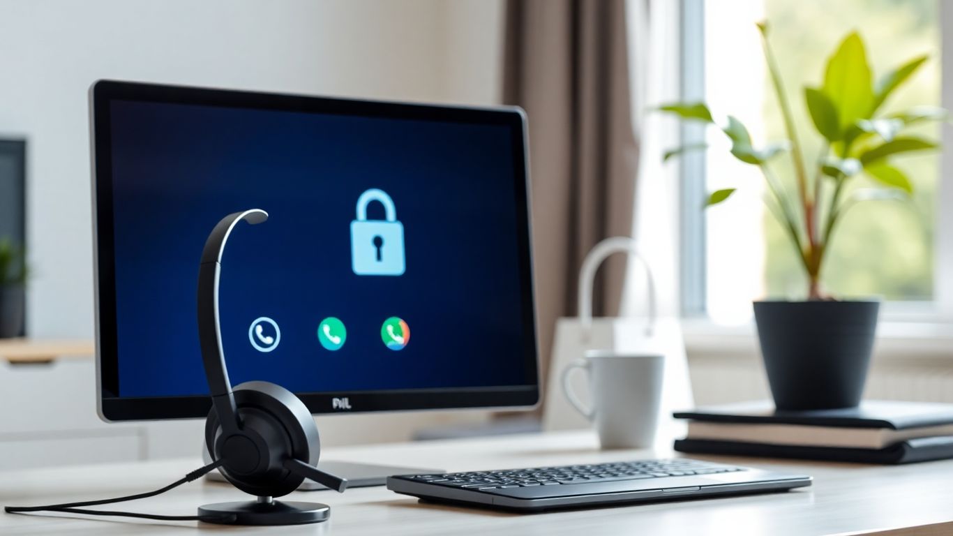 Reception desk with headset, computer, and visible security lock.