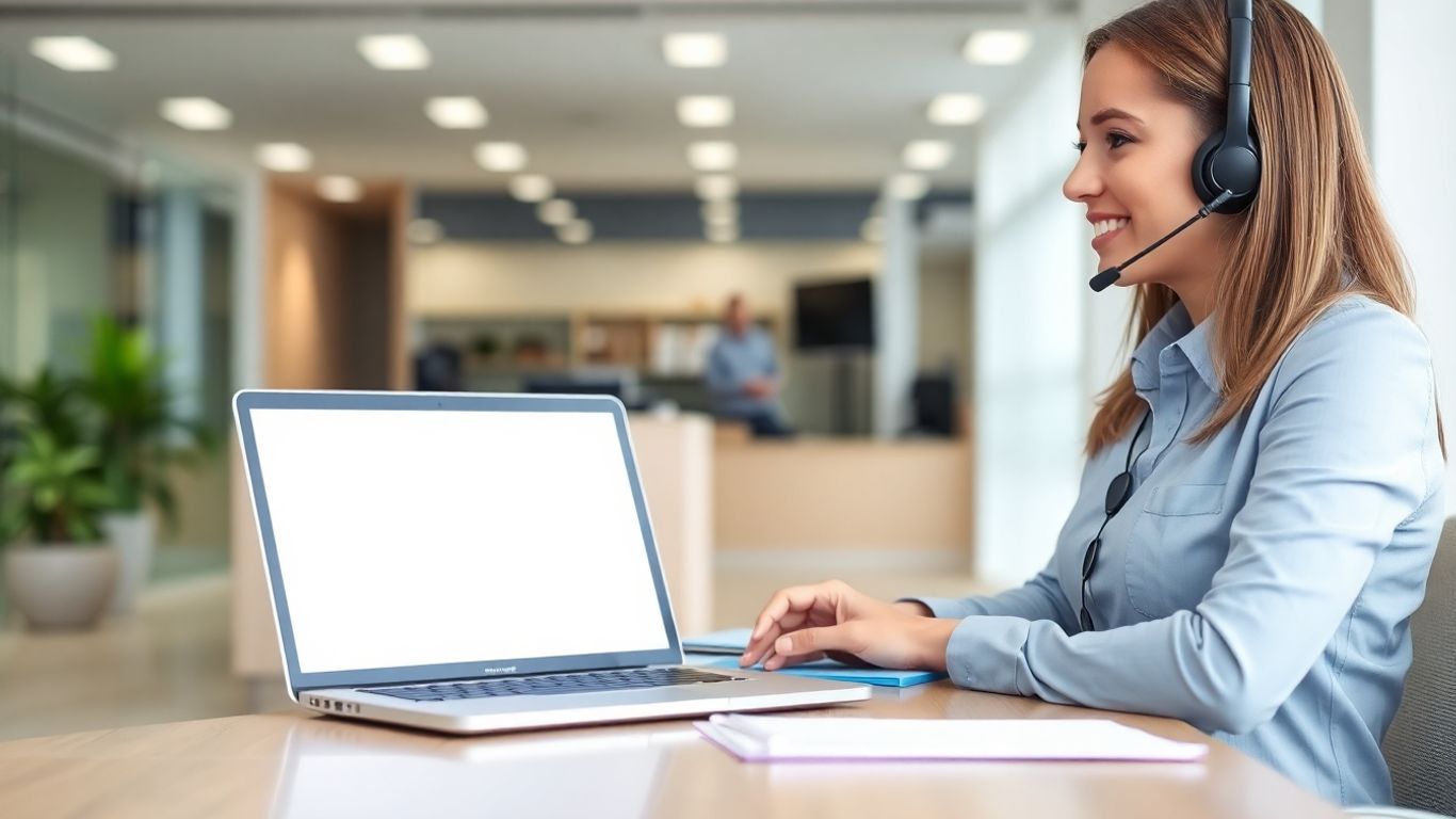 Virtual receptionist answering call at modern office desk