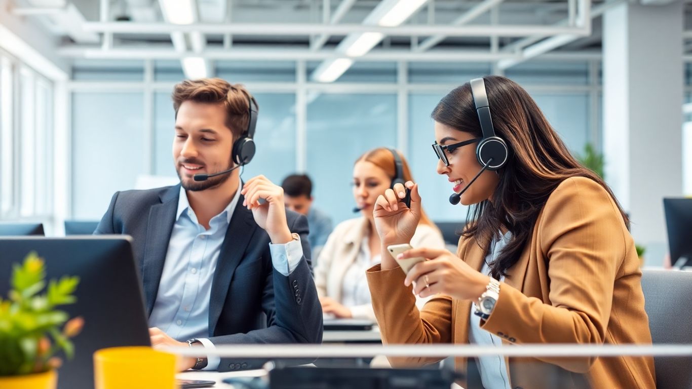Business professionals using headsets in a modern office workspace