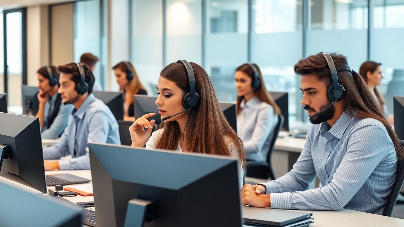 Team of professionals handling business calls in modern office.