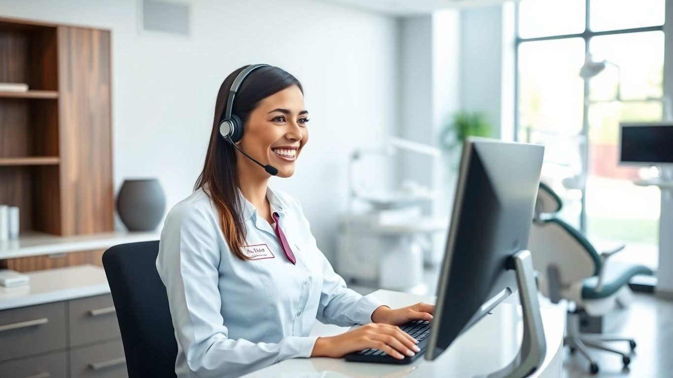 Dental receptionist with headset at modern reception desk smiling