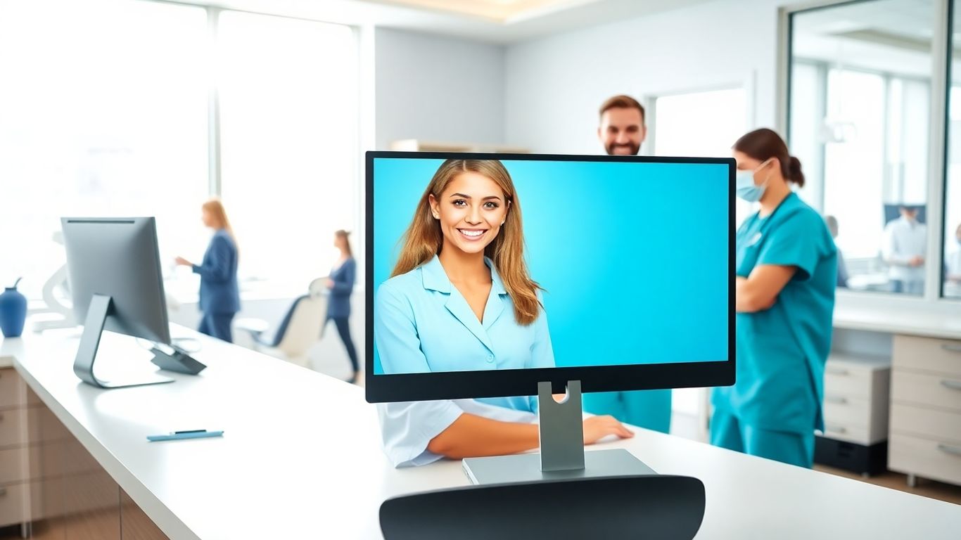 Dental office virtual receptionist assisting dental staff.