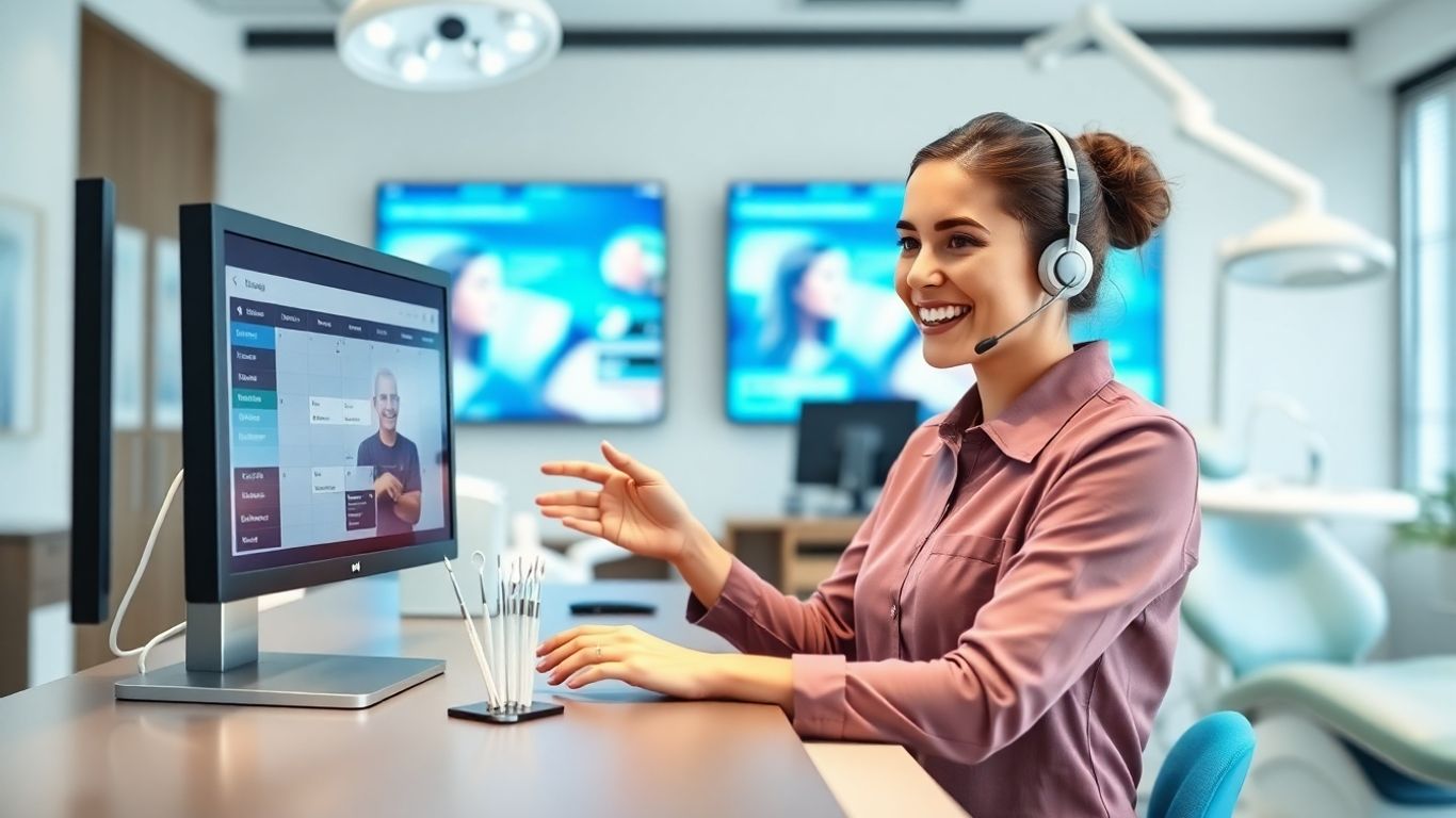 Receptionist with headset at modern dental office computer