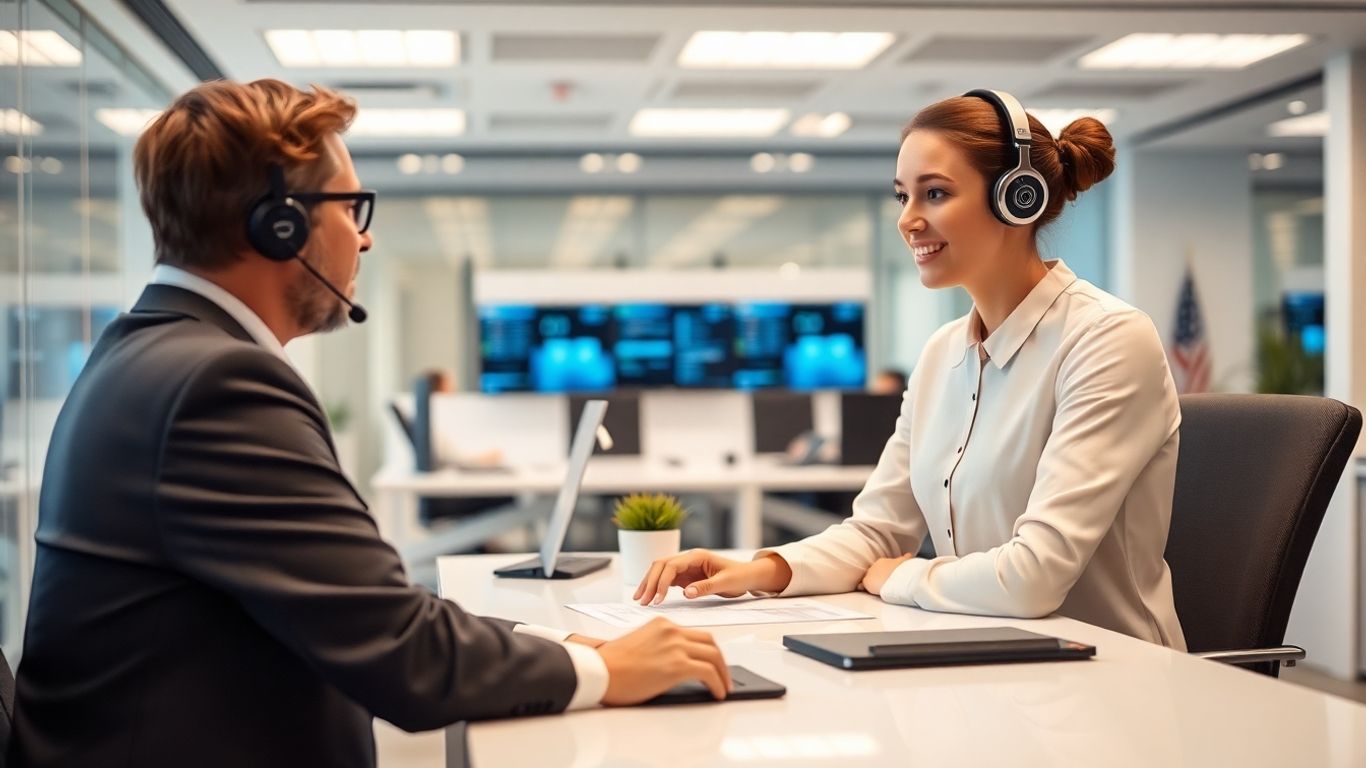 AI-powered receptionist assisting client in modern office setting.
