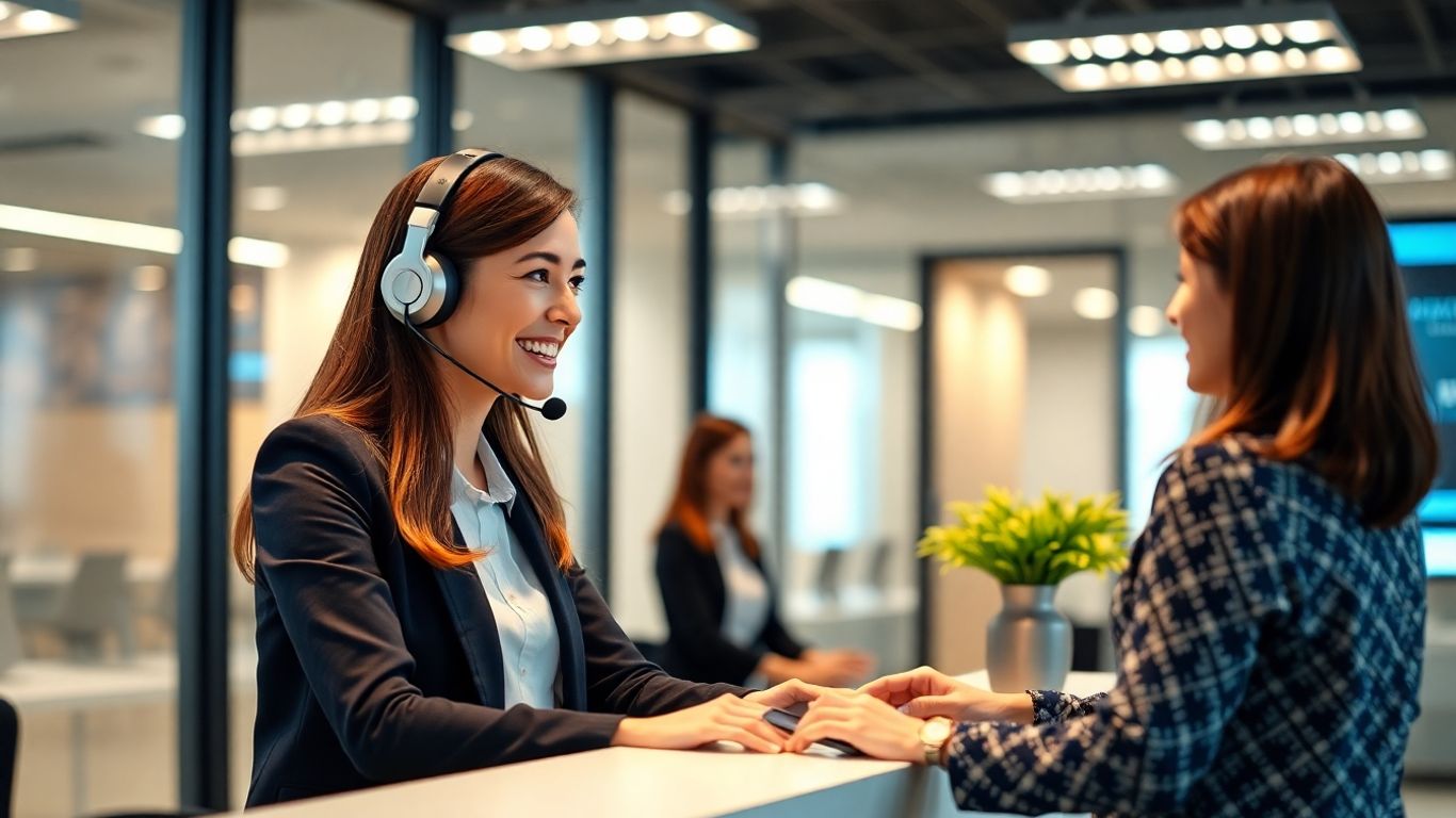 AI-powered receptionist assists customers in a bright office.