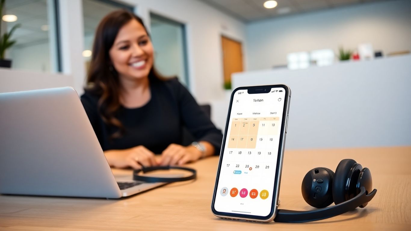 Receptionist scheduling appointments with laptop and smartphone calendar.