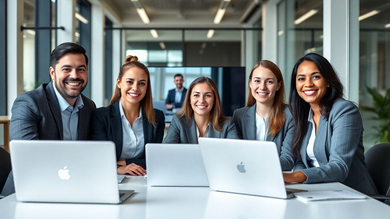 Team in office video chatting with virtual receptionist.