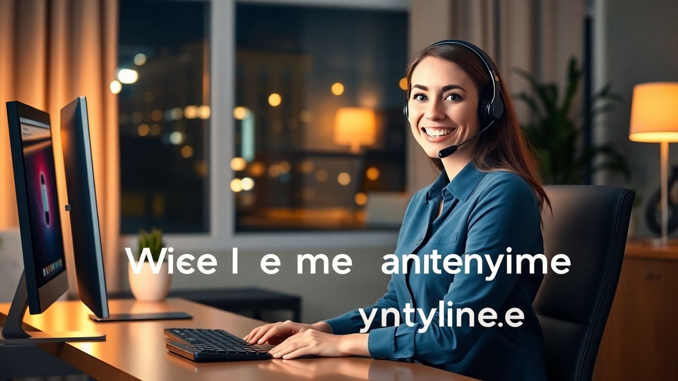 Receptionist with headset working at night in office