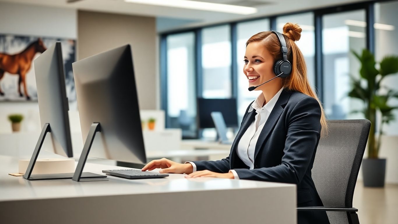 Virtual receptionist in headset at modern office desk smiling