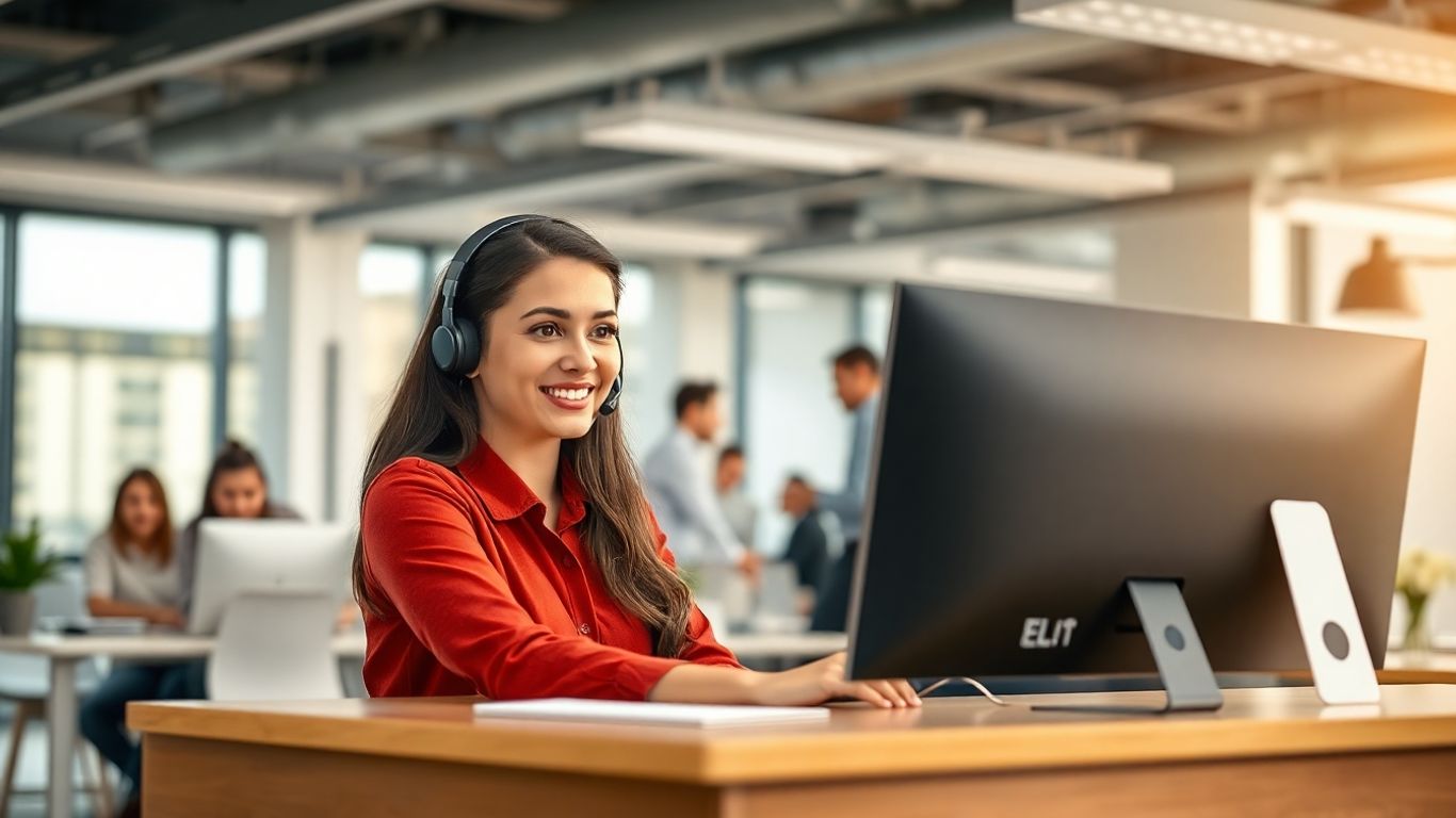 Virtual receptionist with headset in a busy modern office
