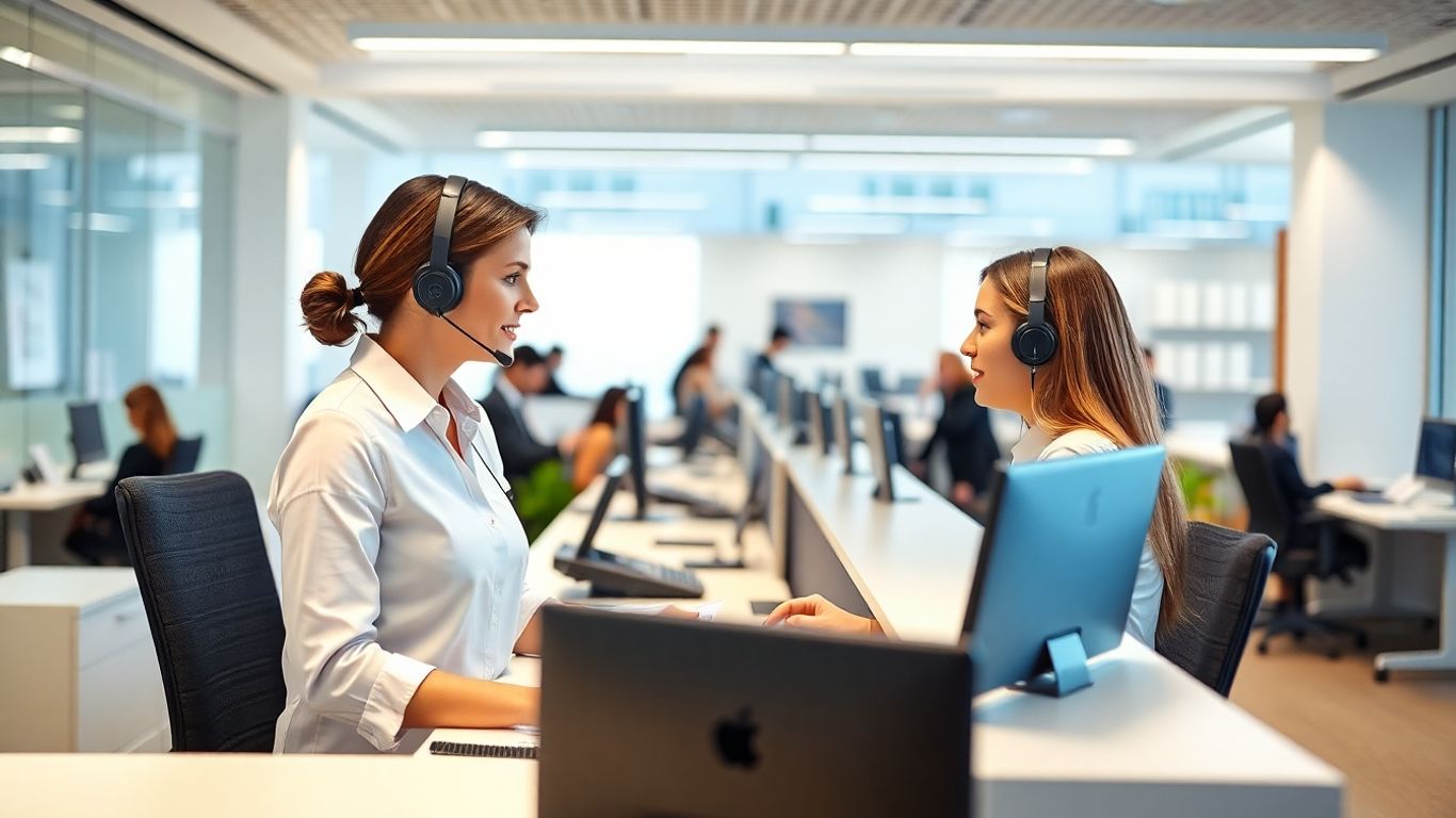 Receptionist at desk managing multiple calls efficiently