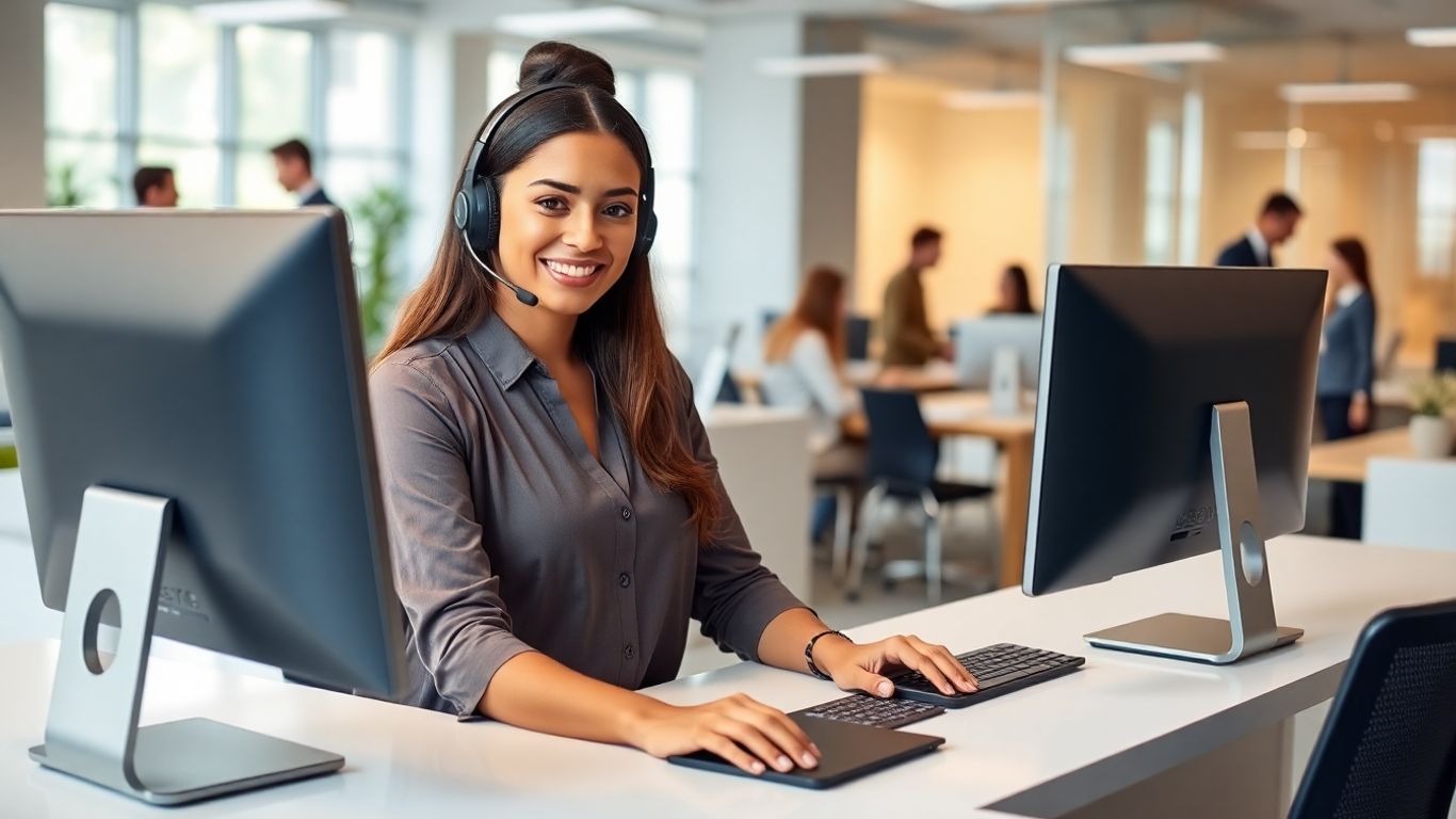 Virtual receptionist assisting client in modern office setting