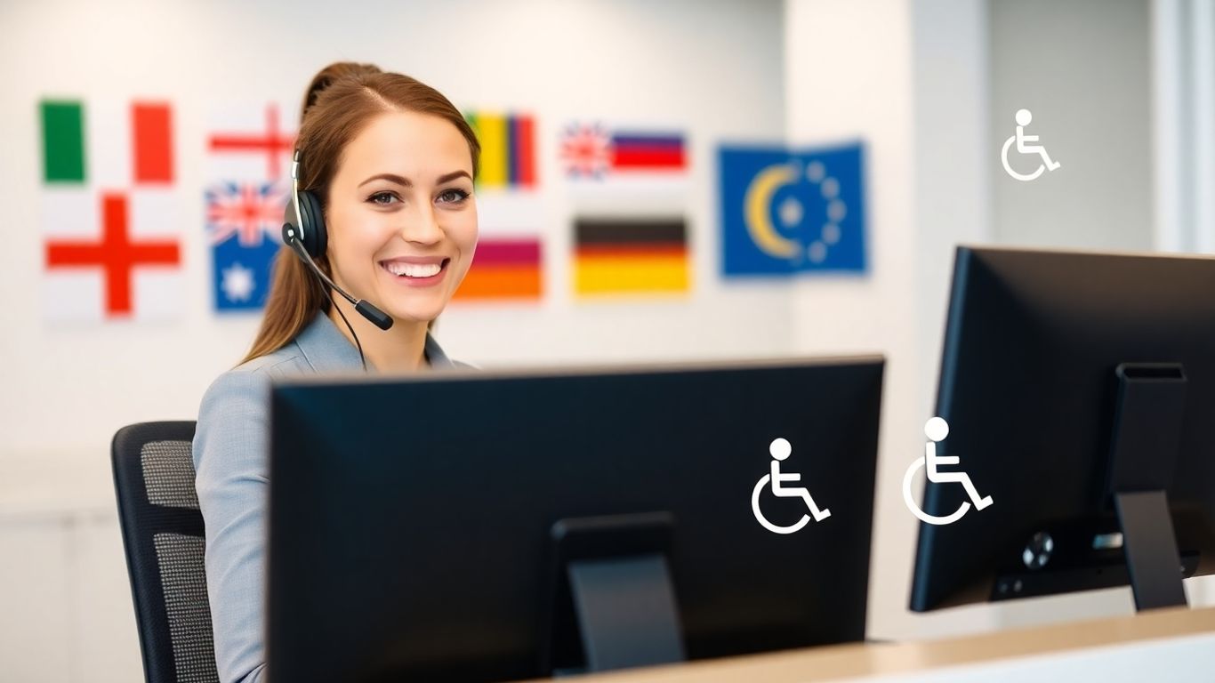 Receptionist with headset, global flags, accessibility icons in office.