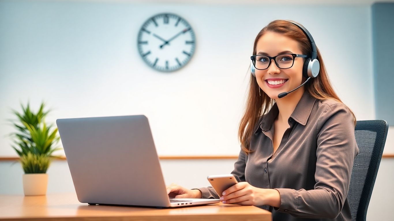 Virtual receptionist at desk with headset and laptop