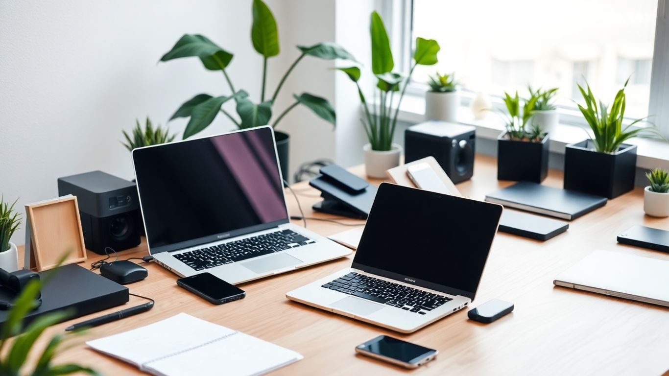 Office desk with laptop, smartphone, and integrated tech devices.